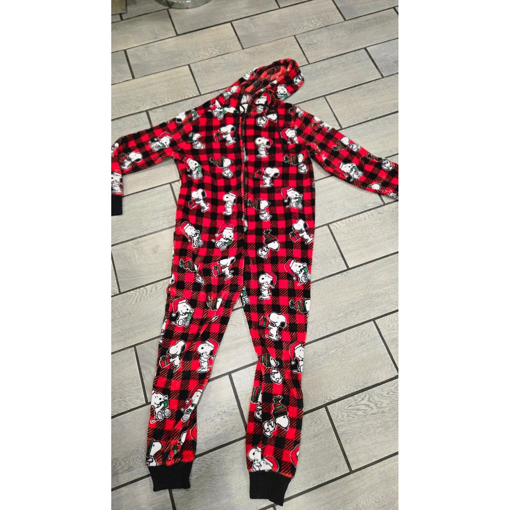 Munki Munki Peanuts Snoopy Buffalo Plaid Hooded Fleece Union Suit XL Red Black